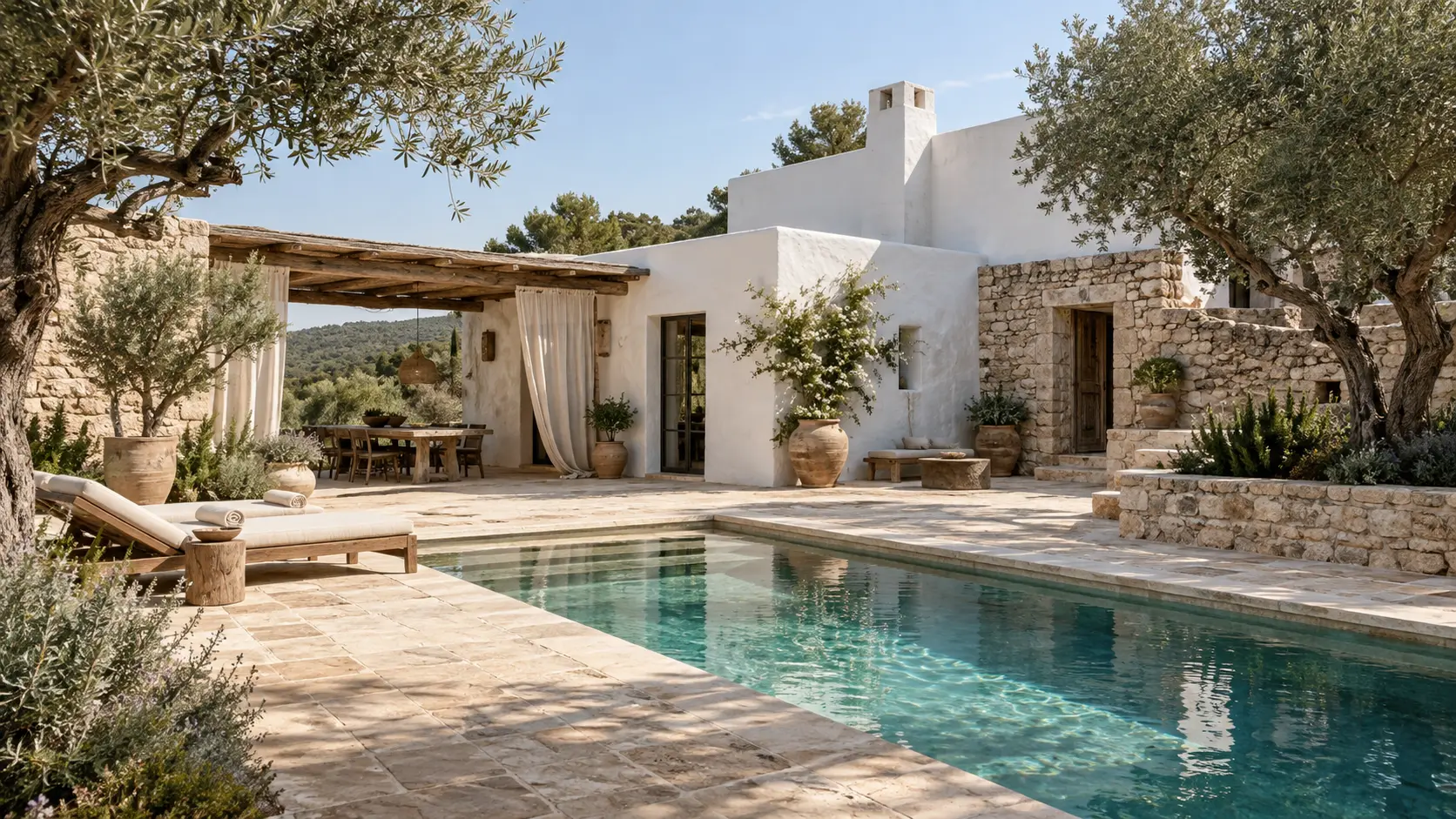 Illustrated stone finca with a shaded courtyard