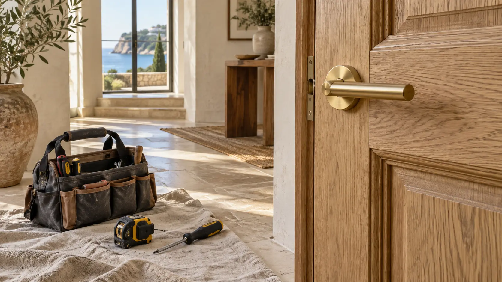 Esempio di attrezzi per la manutenzione accanto a una porta in rovere