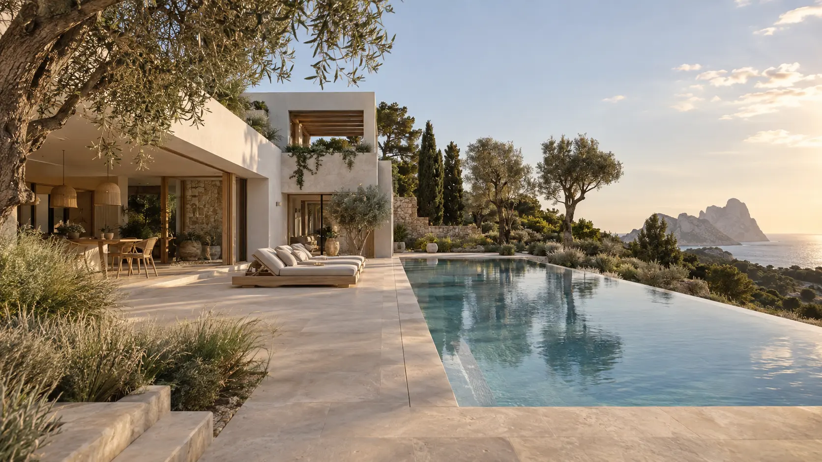 Illustrated Ibiza villa with pool and sea view