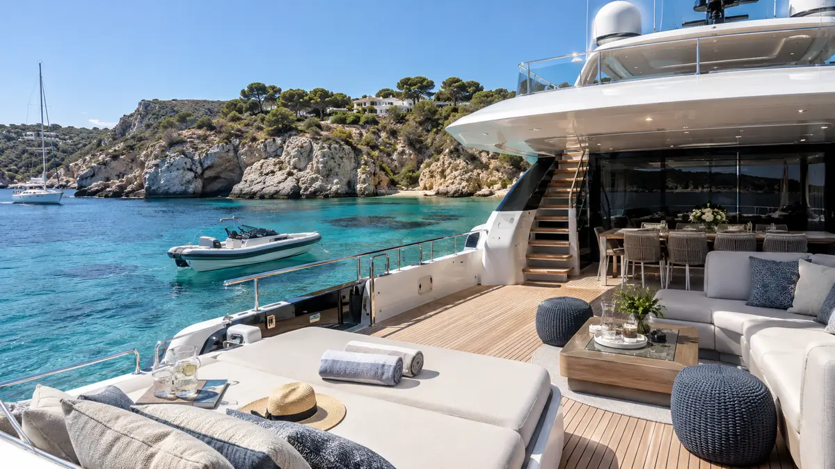 Ponte di uno yacht affacciato su una baia mediterranea come ispirazione lifestyle