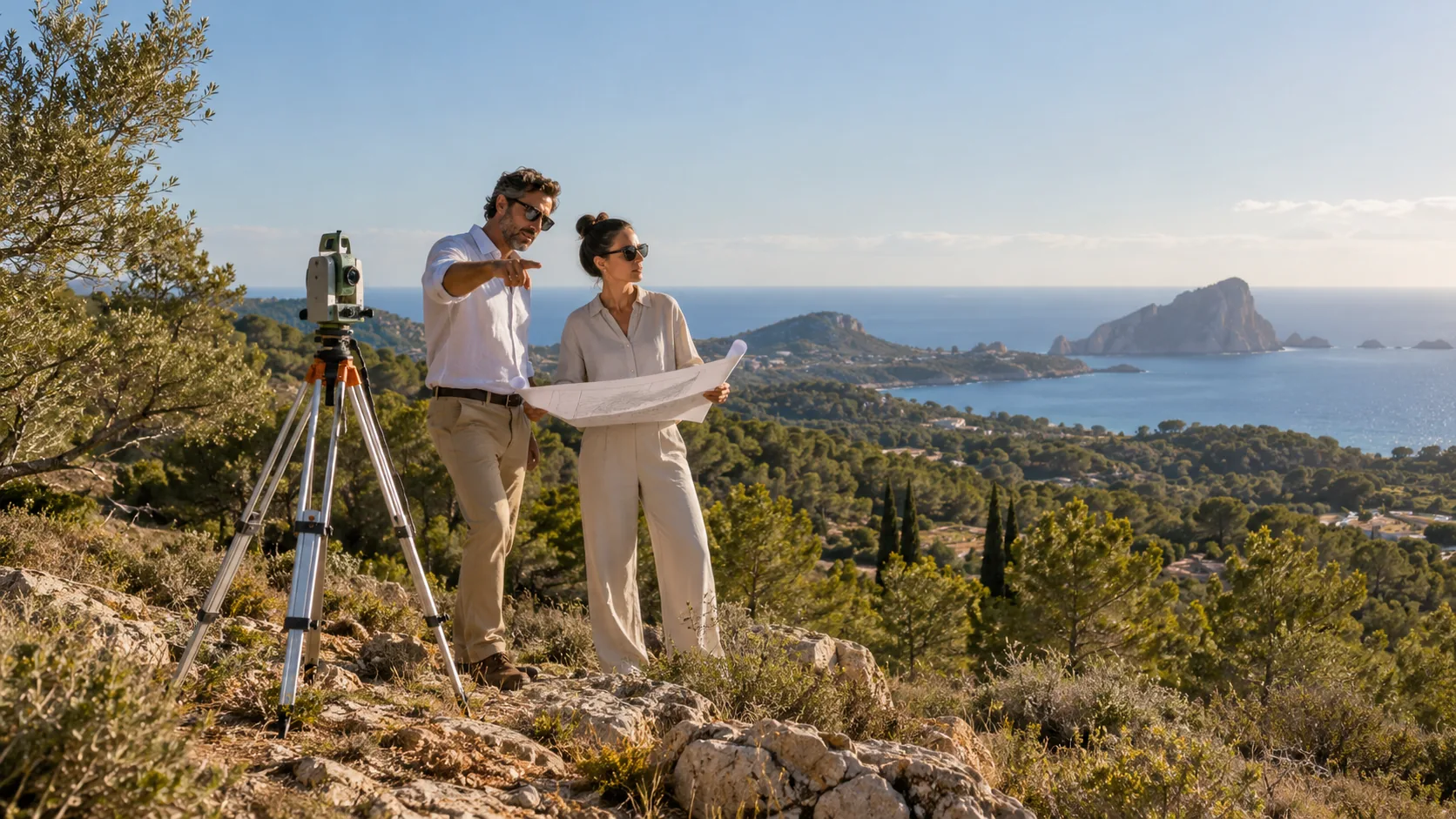 Two people with a site plan and surveying equipment on a coastal plot