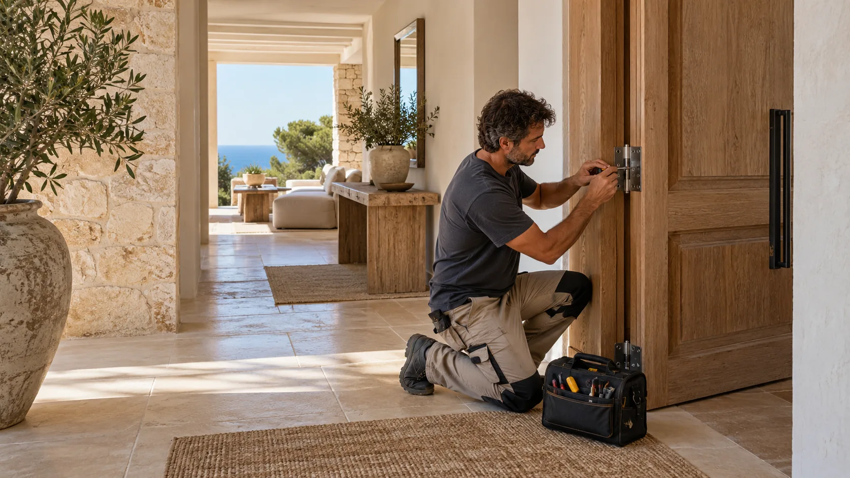 Scena illustrativa di un tecnico durante una piccola riparazione a una porta in legno.