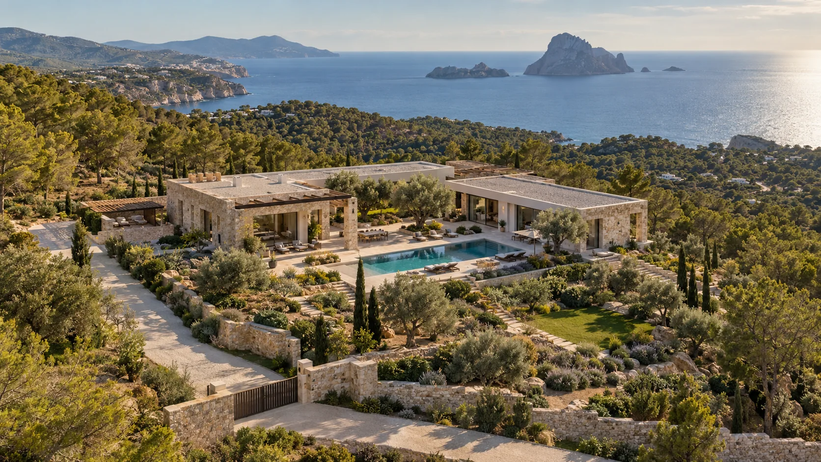 Veduta aerea illustrativa di una villa mediterranea con piscina e giardino paesaggistico.