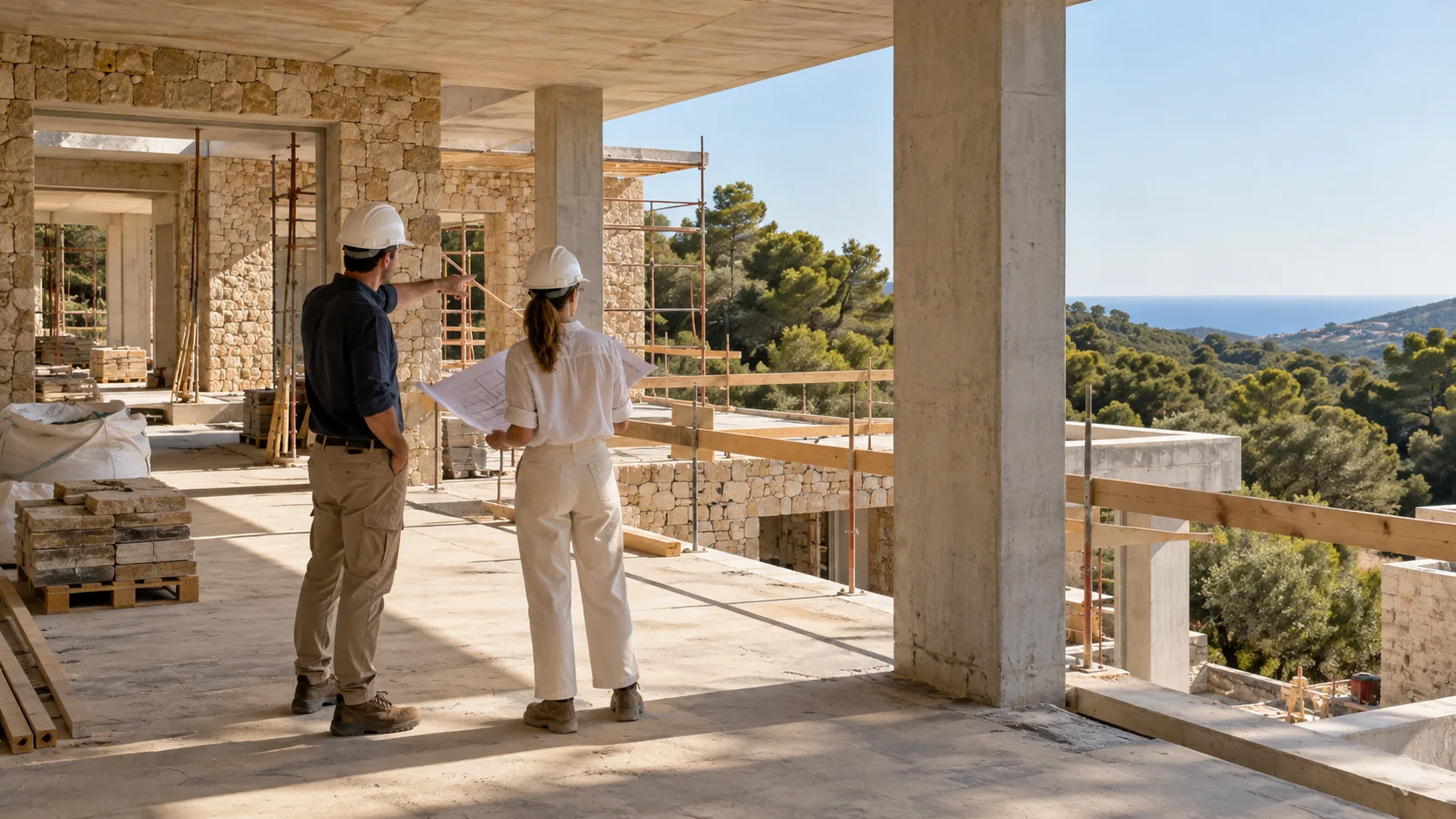 Scena illustrativa di un sopralluogo in cantiere per un progetto di villa.