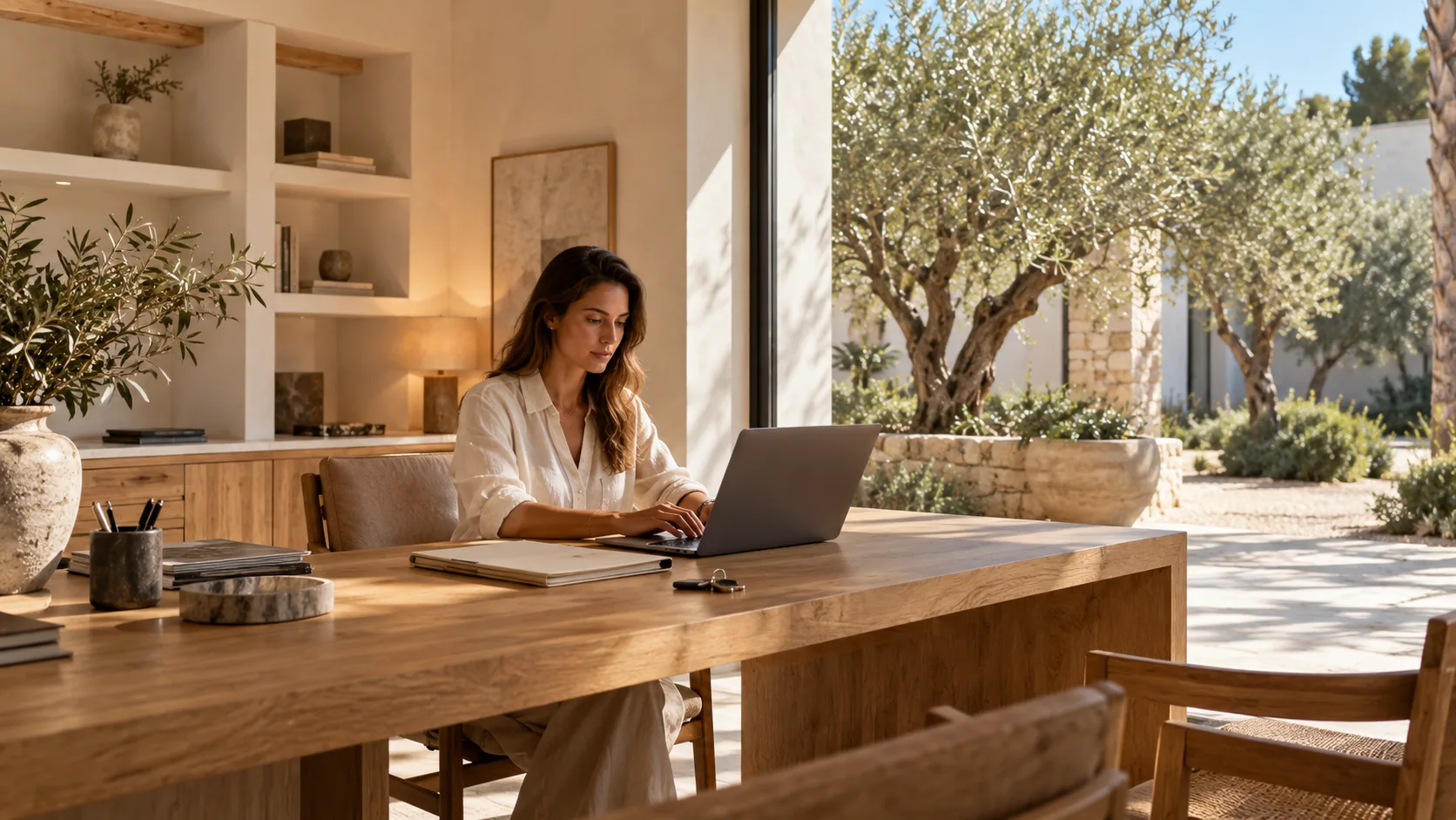 Scena illustrativa del coordinamento dei servizi di una proprietà con un portatile in villa.