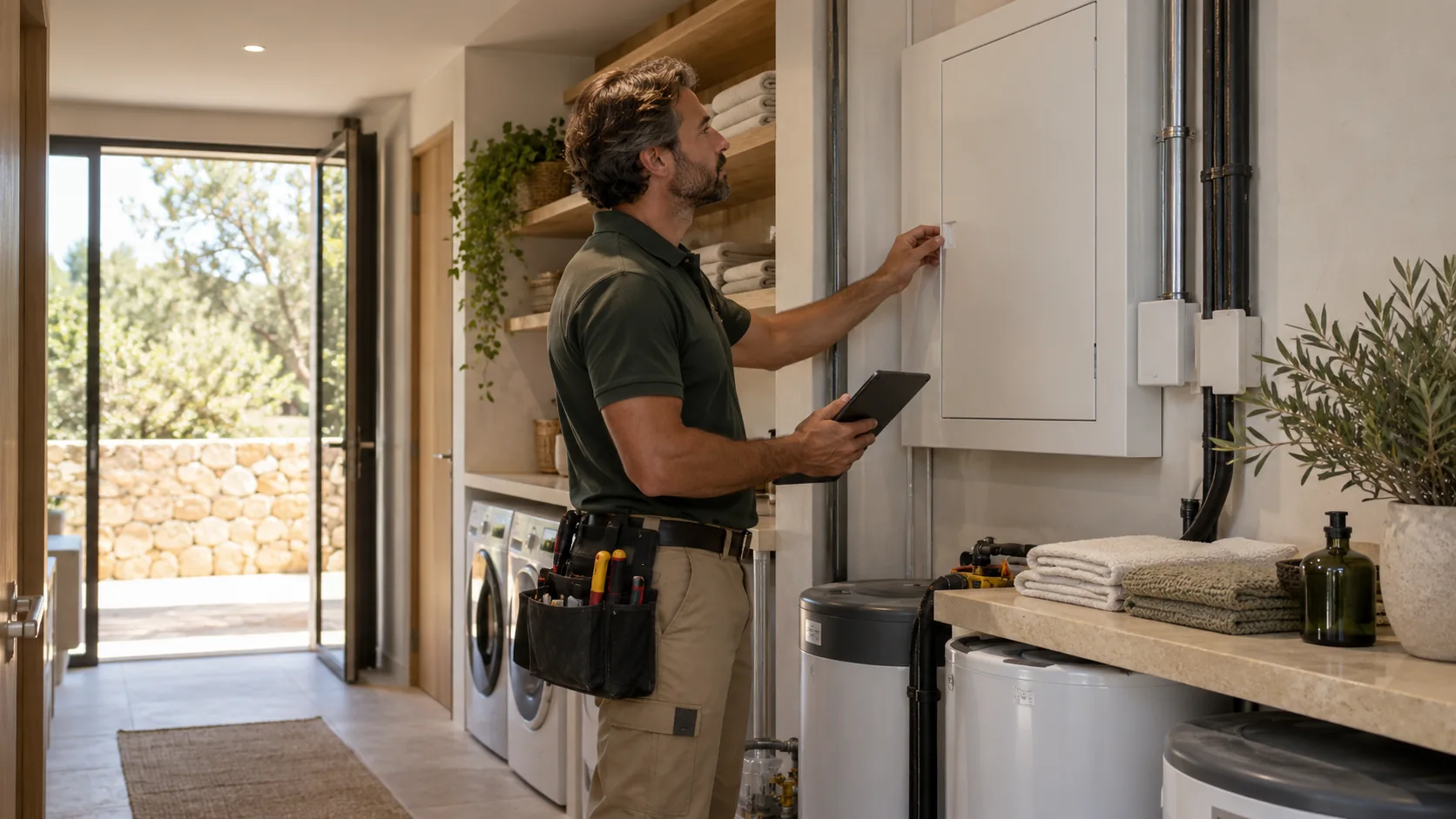 Scena illustrativa di un tecnico che controlla un quadro elettrico in una villa.